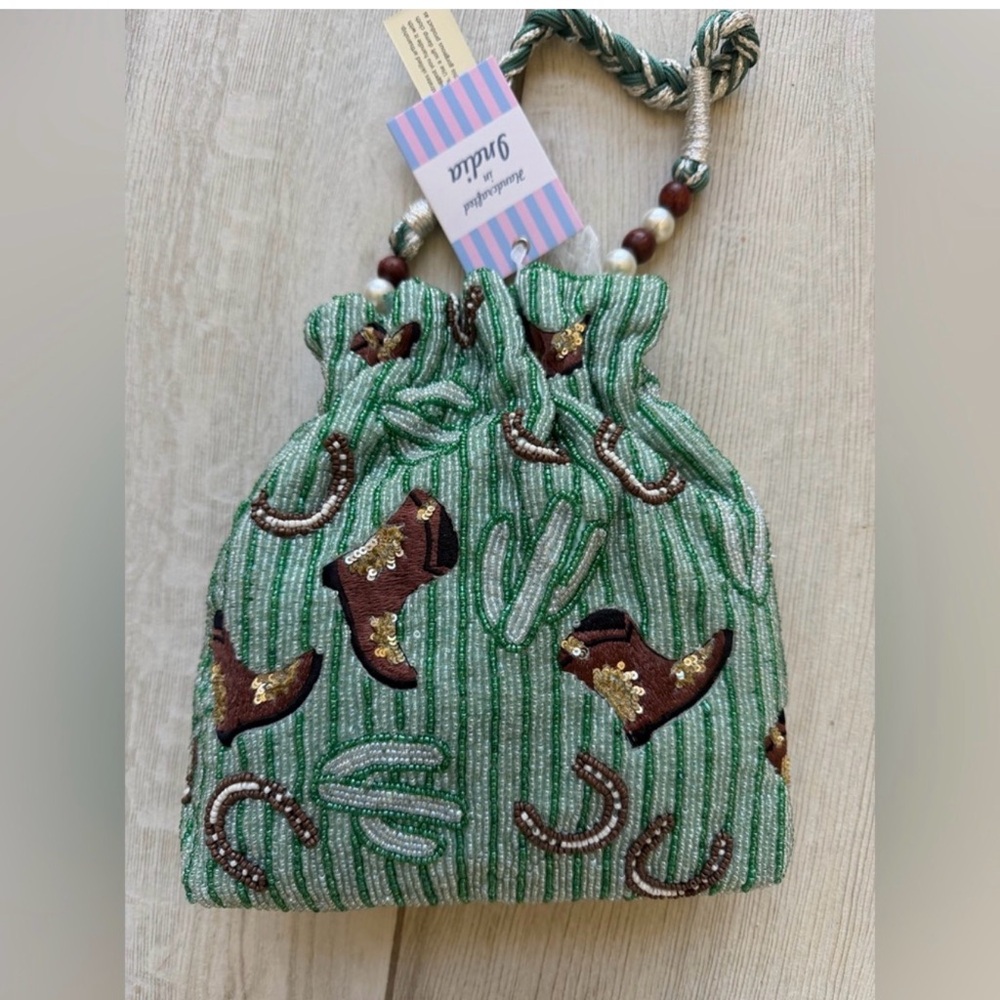 NWT Beaded Green Western Drawstring Bag